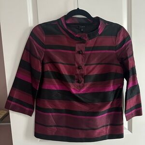 Talbots Burgundy, Black & Magenta Striped Mandarin-Collar Top 100% silk